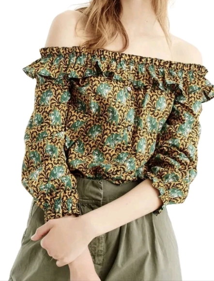 J.Crew Off the Shoulder Ratti Elephant Print Top long sleeve size 14 - Picture 1 of 16